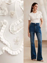 White 3D Floral Elastic Crew Neck Short Sleeve T-Shirt For Women Graphic Tees Women Tops
